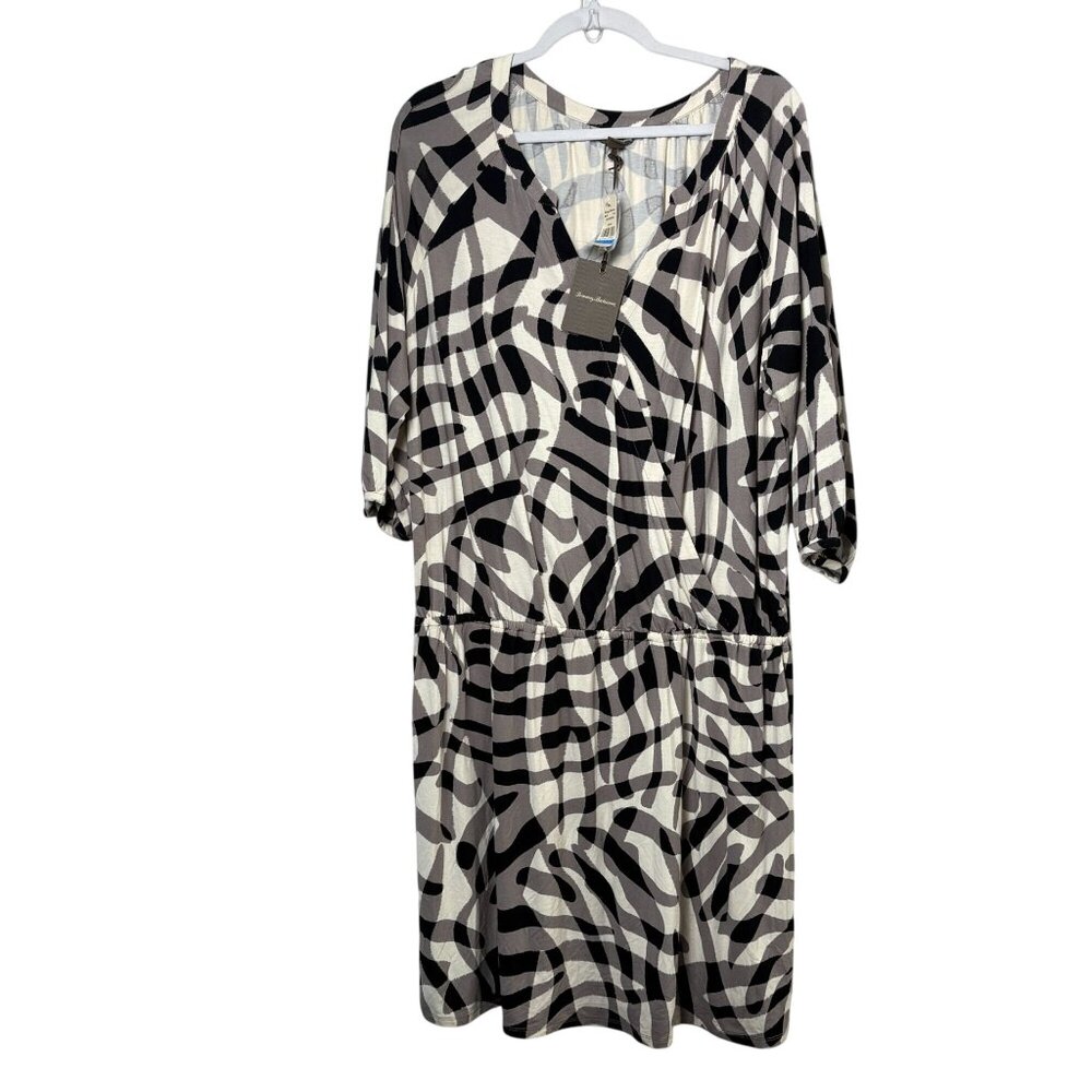 Tommy Bahama Chateau Shadow Dress Size XL Gray Black 3/4 Sleeve V Neck NWT‎